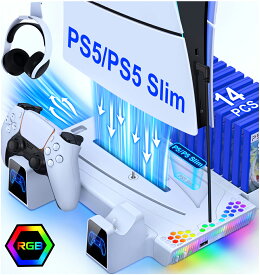 「2023年新登場」PS5 Silm/PS5 スタンド BEBONCOOL PS5 Slim冷却ファン PS5/PS5 Silm縦置き 冷却 スタンド 2台同時充電 3段階冷却 PS5ディスク-デジタル兼用 充電指示ランプ付 収納 多機能 ネジ付 USBケーブル付 ドックRGBライト