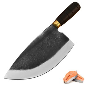 Irai Utaki 特殊包丁 マグロ解体 厚刃6mm 円頭刃 黒打ち炭素ステンレス鋼 天然ウッドハンドル 野菜、肉、魚、鶏、骨など全般に対応 中華包丁