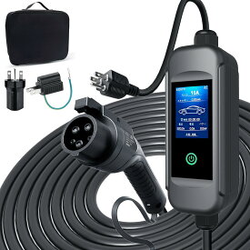 sokucha 110V-240V SAE J1772電気自動車 EV充電ケーブル 4 段電流モード切替 (8A/10A/13A/15A) 電気自動車用ポータブルPHEV/EV充電器ケーブル長 7.6メートル 100V/200V変換アダプターと5-15P変換アダプター付き