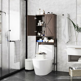 2ドアデザインのトイレ収納キャビネット、バーンドア&調節可能な棚付きオーバートイレ収納バスルームオーガナイザー、自立型省スペーストイレスタンド、トイレキャビネット、バスルー
