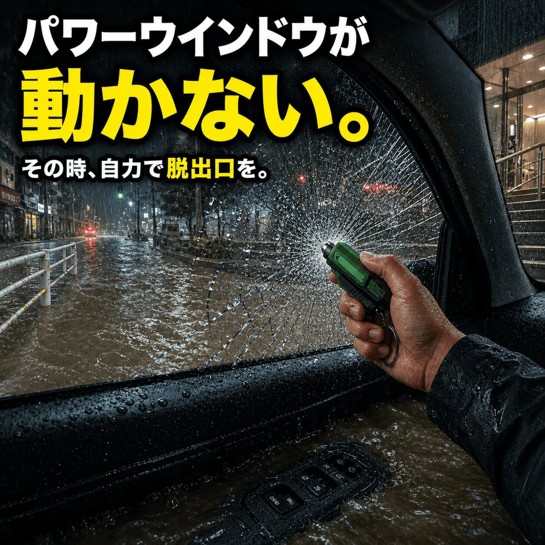 パワーウインドウが動かない。その時、自力で脱出口を。小型脱出ハンマー
