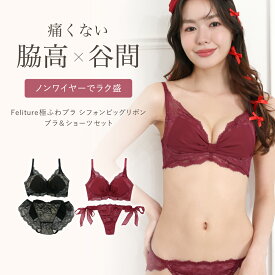 【スーパーSALE限定★クーポン利用で最大5000円OFF】Feliture極ふわブラ シフォンビッグリボン 《Tバックも選べる》 リボンショーツ ノンワイヤー 脇高 ブラ ショーツ 小胸ブラ パカパカしない ハミ肉防止 上下セット ブラショーツセット 盛りブラ 育乳 育乳ブラ 谷間 レース