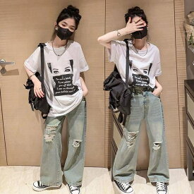 気楽 キッズ ダメージデニム ダメージジーンズ ダメージパンツ デニム パンツ ロングパンツ韓国 子供服 子ども服 おしゃれ 服 韓国ファッション 110 120 130 140 150 160 170 女の子