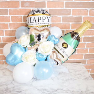 アニバーサリ&シャンパンバルーンギフト【結婚式 記念日 開店 周年 お祝い バルーン 花 造花 メッセージカード ハート ブルー ホワイト 送料無料】