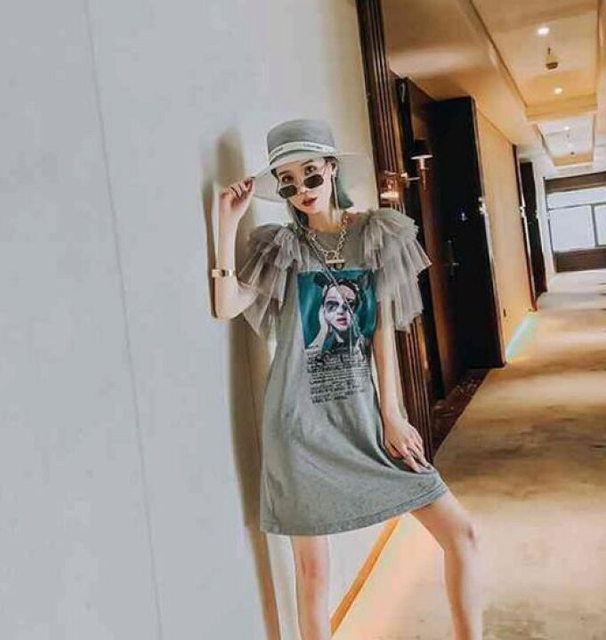 楽天市場】【取寄】Tシャツワンピース ミニ リメイク風 古着風 フリル 