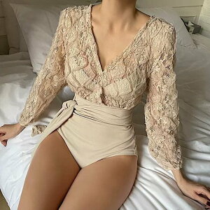 【取寄】水着 お洒落 シースルー レース ウエストリボン ワンピース水着 レディース 夏 海 ビーチ リゾート 温泉 プール 体型カバー セクシー 大人 新作 スイムウェア 水泳 海水浴 長袖 バッ