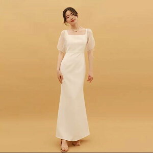 【取寄】演奏会ドレス 発表会ドレス スクエアネック デコルテ 無地 レース 発表会 演奏会 レディース ストレート スリム 結婚式 ステージ衣装 半袖 ロング丈 エレガント ウエディングドレス