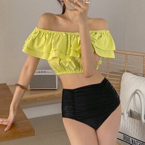 【取寄】ビキニ レディース 水着 ワンショルダー オフショルダー フリル ボリューム スイムウェア ビーチウェア 無地 カジュアル おしゃれ 可愛い 夏 海 ビーチ プール 海水浴 リゾート ハイ