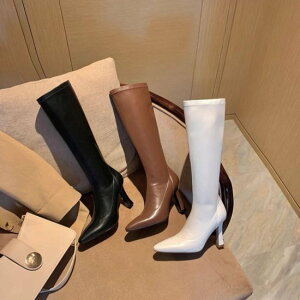 【取寄】ロングブーツ レディース ポインテッドトゥ ロング丈 フェイクレザー エコレザー ハイヒール 9.5cmヒール 白 ホワイト サイドファスナー きれいめ カジュアル 美脚 脚長 靴 おしゃれ