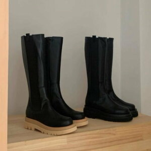 【取寄】ロングブーツ レディース サイドゴアブーツ バイカラー チェルシーブーツ ラウンドトゥ フェイクレザー エコレザー 6cmヒール サイドファスナー 厚底ブーツ 脚長 カジュアル 歩きや