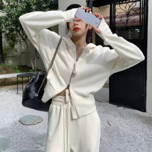 【取寄】スウェットセットアップ レディース 上下セット 2点セット ツーピース トップス 長袖 フード付き フロントジッパー ボトムス 長ズボン シンプル 無地 カジュアル スポーティー 女性