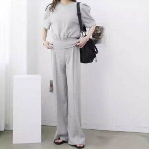 【取寄】セットアップ レディース 上下セット 2点セット ツーピース トップス 半袖 パフスリーブ ラウンドネック ボトムス 長ズボン センターライン スウェット カジュアル シンプル 無地
