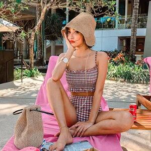 【取寄】ビキニ レディース 水着 2点セット ツーピース チェック柄 格子柄 ハイウエスト フリル 体型カバー カジュアル おしゃれ スイムウェア ビーチウェア 海 プール 夏 海水浴 リゾート