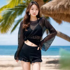 【取寄】ビキニ レディース 水着 セパレート メッシュトップス 3点セット ホルターネック シャーリング リボン ギャザー フリル カバーアップ UV対策 日焼け防止 スイムウェア ビーチウェア