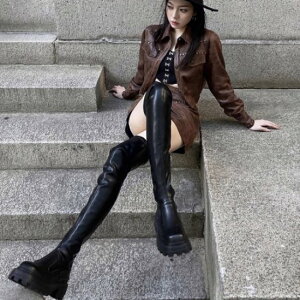 【取寄】ニーハイブーツ レディース 靴 シューズ ロングブーツ 厚底ブーツ ボリュームソール 黒 ブラック 美脚 脚長 スリムフィット 膝上 カジュアル お出かけ おしゃれ きれいめ 女性 ファ