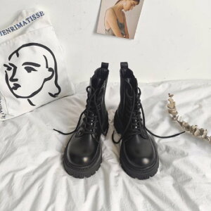 【取寄】厚底ブーツ レディース 靴 シューズ ショートブーツ レースアップ サイドゴアブーツ ラウンドトゥ 黒 ブラック 大きいサイズ カジュアル お出かけ おしゃれ 秋冬 女性 ファッション