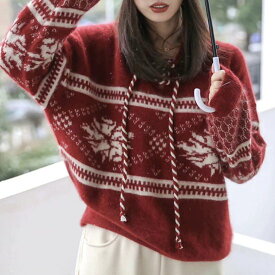 【取寄】ニットセーター レディース トップス プルオーバー フード付き ニットパーカー ノルディック柄 北欧 セーター 長袖 カジュアル お出かけ おしゃれ 柔らかい ソフト ゆったり 暖かい 秋冬 女性