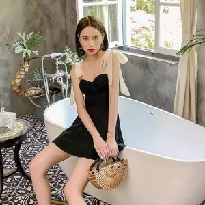 【取寄】ワンピース水着 レディース 水着 スカート水着 スイムウェア ビーチウェア 肩リボン シンプル 無地 バイカラー コントラストカラー 体型カバー フェミニン カジュアル おしゃれ 海