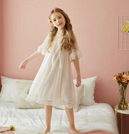 子供 ネグリジェ 半袖 ロング丈 ネグリジェドレス ワンピース ルームウエア 女の子 女児 ワンピース パジャマ スクエアネック ゆったり 宮廷天使風 お姫様 レース ネグリジェ 部屋着 ナ