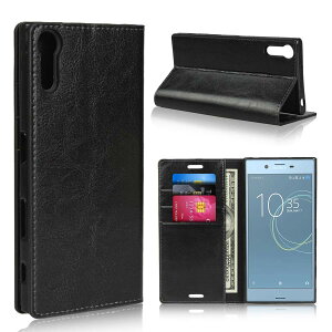 ソニー Xperia XZ ケース/XZS ケース 手帳型 カバー ソニー エクスぺリア スマホケース_iCoverCase_ 光沢加工 牛革 マグネットなし ベルトなし レトロ 耐衝撃 スタンド付き マグネットなし ブラック