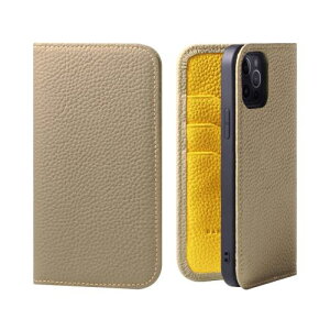 HANATORA iPhone12 12Pro ケース 手帳型 本革 スマホケース スマホ スタンド コードホルダー 付き シュリンクカーフレザー ギフト マグネットなし グレージュ + イエロー PH-12Pro-Grege-YL