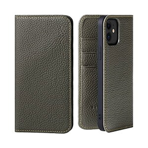 HANATORA iPhone12 12Pro ケース 手帳型 本革 スマホケース スマホ スタンド コードホルダー 付き シュリンクカーフレザー ギフト マグネットなし オリーブグレー PH-12Pro-OliveGray