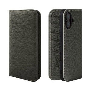 HANATORA iPhone16Plus ケース 手帳型 本革 スマホケース スマホ スタンド コードホルダー 付き シュリンクカーフレザー ギフト マグネットなし オリーブグレー PH-16Plus-OliveGray