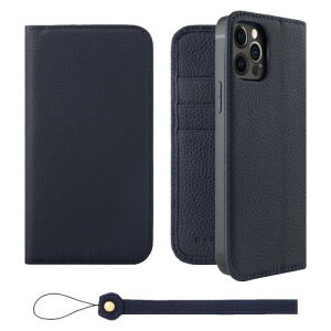 HANATORA iPhone12Pro ケース 手帳型 本革 スマホケース スマホ スタンド ストラップ 付き シュリンクカーフレザー ギフト ベルトなし マグネットなし ネイビー H0XA-12Pro-Navy