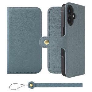 HANATORA iPhone16 ケース 手帳型 本革 スマホケース スマホ スタンド ストラップ 付き シュリンクカーフレザー ギフト ベルトなし マグネットなし ブルーグレー H0XA-16-BlueGray