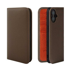 HANATORA iPhone16Plus ケース 手帳型 本革 スマホケース スマホ スタンド コードホルダー 付き シュリンクカーフレザー ギフト マグネットなし トープ + オレンジ PH-16Plus-Taupe-OG