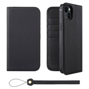 HANATORA iPhone14Plus ケース 手帳型 本革 スマホケース スマホ スタンド ストラップ 付き シュリンクカーフレザー ギフト ベルトなし マグネットなし ブラック H0XA-14Plus-Black