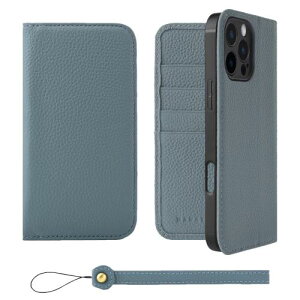 HANATORA iPhone16ProMax ケース 手帳型 本革 スマホケース スマホ スタンド ストラップ 付き シュリンクカーフレザー ギフト ベルトなし マグネットなし ブルーグレ・