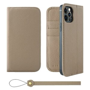 HANATORA iPhone12 12Pro ケース 手帳型 本革 スマホケース スマホ スタンド ストラップ 付き シュリンクカーフレザー ギフト ベルトなし マグネットなし グレージュ H0XA-12Pro-Grege ギフト 誕生日ギフ