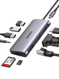 UGREEN USB C ハブ 10-in-1 USBハブ Type-C 4K HDMI VGA出力 100W Power Delivery 1Gbps ギガビットイーサネット LAN ポート3*USB 3.0ポート 3.5mmポート SD / MicroSDカードリーダースロット搭載 ドッキングステーション MacBook Pro iPad Pro iMac Dell HPなど対応