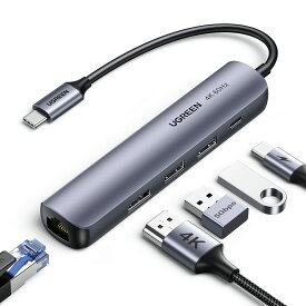 UGREEN ハブ USB-C 5-IN-1 USB3.0 HDMI 4K/60Hz RJ45 1Gbp伝送 USB3.0ポート搭載 PD充電100W出力 Windows 10/8.1/8/7/Vista/XP、Mac OS、linux、IOSに対応 MacBook/Chromebook/XPS/Surface Pro Thinkpad/Matebookなどと互換性があり