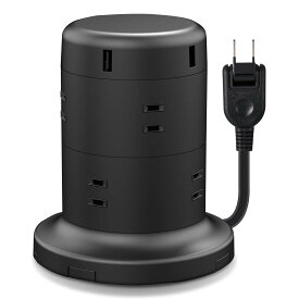 エレコム 電源タップ タワー型 延長コード [ 8個口 / 12個口 USB×5ポート / USB-C×2 USB-A×3 ] 仮固定パーツ付 雷ガード ほこりシャッター 2m ブラック ECT- BK