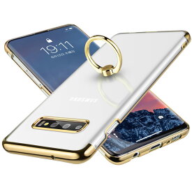 E Segoi Samsung Galaxy S10 ケース リング付き メッキ加工 落下防止 スタンド機能 透明 PC おしゃれ 薄型 軽量 一体型 耐衝撃 全面保護カバー (Galaxy S10, ゴールド)
