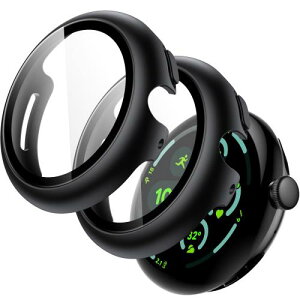 JETech Google Pixel Watch 3 (2024) 45mm�p �P�[�X �t���ی�t�B�����t�� 9H�����K���X�� �n�[�hPC�o���p�[ �S�ʕی�J�o�[ 2�Z�b�g (�u���b�N)