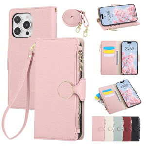 Rosbtib iPhone 16 Pro Max ケース 手帳型 ショルダー 財布型カバー いphone16ProMax ケース 手帳型 おしゃれ ファスナー型 小銭入れ カード収納 iphone16プロマックス カバー 手首/肩掛けストラップ付 マ