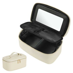 MoKo 化粧ポーチ 大容量収納 メイクポーチ 取り外せるミラ付き バニティータイプ コスメティックバッグ 持ち運び 小物入れ 旅行/出張用 プチギフト プレゼント Beige