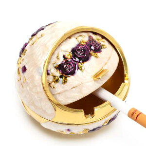 灰皿 はいざら 卓上灰皿 蓋付き 煙と臭いを遮断する ワンタッチ式 コンパクト大容量 おしゃれ 洗いやすいバラ ローズ 亜鉛合金製 贈り物 置物 (パープル)