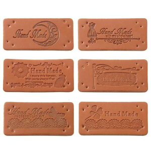 革タグ 6種 30枚入り 革ラベル レザータグ 合皮タグ 穴あき 英文柄 Handmade 長方形 ワッペン ラベル タグ DIY 手芸 縫製 手作り ハンドメイド 衣類/マフラー/ニット帽用 装飾 飾り