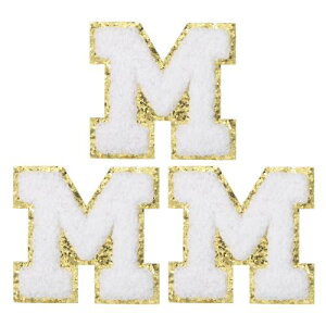 PATIKIL アイロン文字パッチ 3パックのシェニールグリッターレターパッチ ジーンズ 衣類 バッグ 帽子 シャツ クラフトの修理用に刺繍パッチ ホワイト アルファベットM