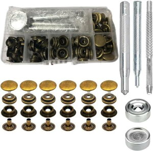 サムコス ジャンパーホック ステンレス鋼メタルボタン アンティークゴールド 15mm 18セット レザークラフト 工具 4種類 手芸/家庭/裁縫用 DIY 手作り ハンドメイド (収納ケース付き)