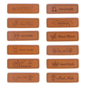 革タグ 60枚入り 12種パターン レザータグ 革ラベル 刺繍タグ 合皮タグ 長方形 穴あき 英文柄 Handmade ワッペン ラベル タグ 手芸 縫製 DIY ハンドメイド 手作り ニット帽/衣類/バッグ用 装飾 飾
