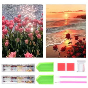 サムコス ダイヤモンドアート キット ダイヤモンドの絵画 2個セット きれい 全面貼り付け ダイヤモンドアート 塗装 初心者 大人 子供 DIY 手芸キット 芸術品 家の壁の装飾(チューリップとバ