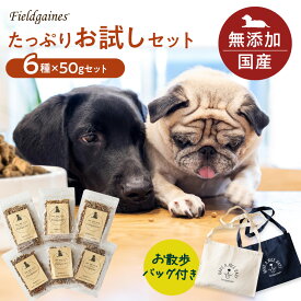 【ポイント5倍 1000円ポッキリ】 フィールドゲインズ 初回限定 たっぷりお試しセット 50g × 6種類 小粒・大粒・全犬種 ・ライト・コンプリテスト（アレルギー・さつまいも & 魚） 送料無料 お散歩バッグ付き ドッグフード お試し ドライフード サンプル お買い物マラソン
