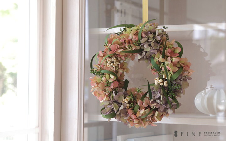 楽天市場 プリザーブドフラワー あじさいリース シンプルな紫陽花だけのリース ギフト プレゼント 誕生日 結婚祝い 開店祝い 内祝 引越し祝い インテリア 観葉植物 有料バッグ リースm対応 プリザーブドフラワーfine