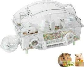 ハムスター ケージ 飼育ケージ セット 全面クリア 透明 見やすい ドア お手入れ簡単 脱出にくい 通気性いい 快適 広い 給水ボトル 砂浴び場 トンネル 回し車 遊び場など含めて7点セット 2階建て 一体成型 組立式 耐磨耗性 防咬性 掃除しやすい 小動物用 丸洗い可能