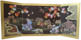 トールペイントご自分で描く図案付白木素材キット 　無垢材　4曲屏風（小）　里の秋　cwk-246　丁番6ヶビス付き　季節を描いた小ぶりの屏風。